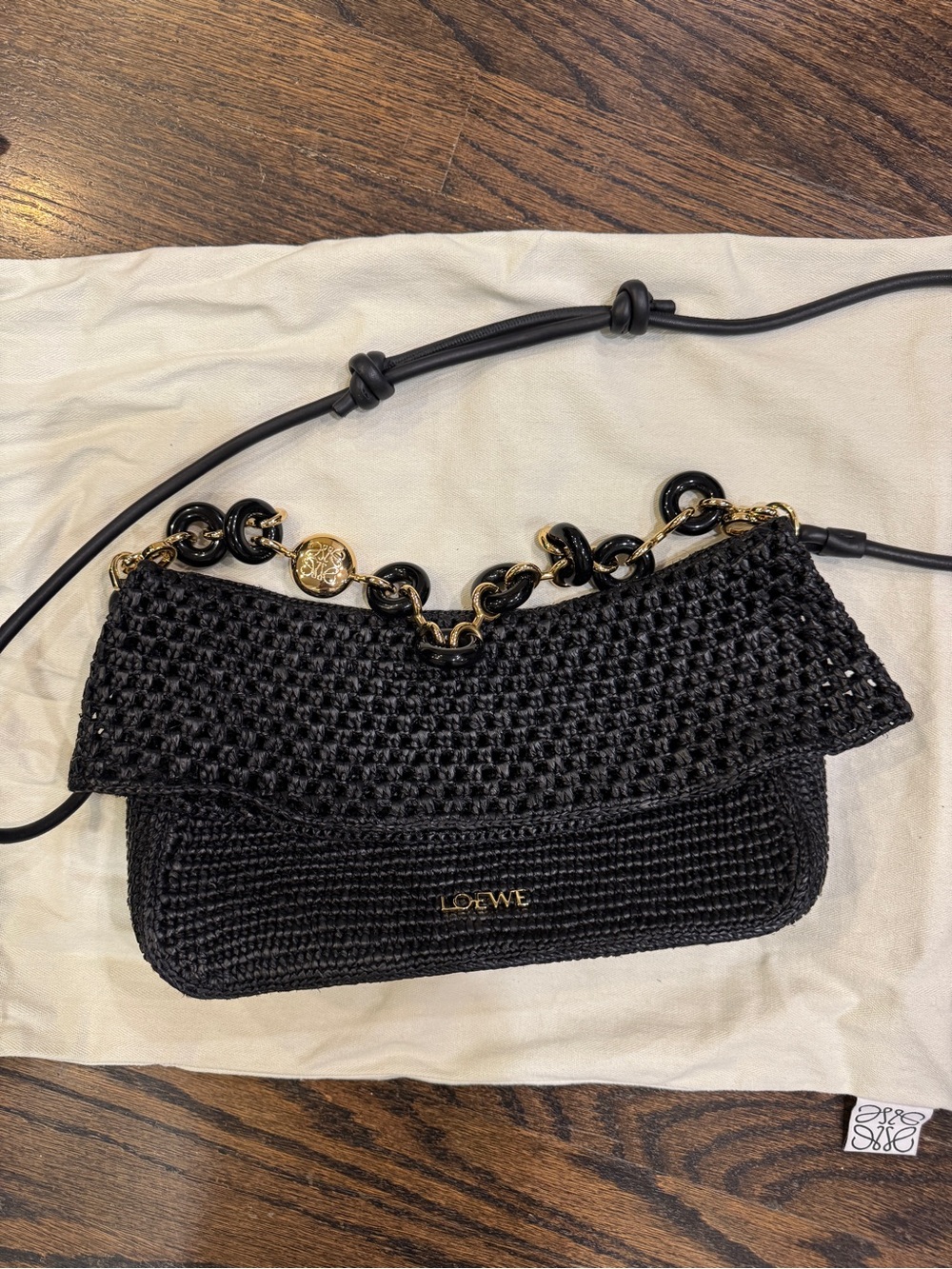 Loewe Black Ola Raffia Bag with Gold Chain Detail